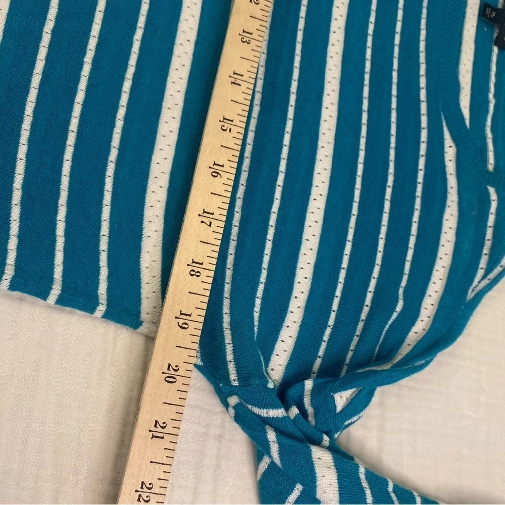 Talbots Sweater Shirt Teal Striped Linen Blend 3/4 Length Medium Petite Coastal - Picture 8 of 16